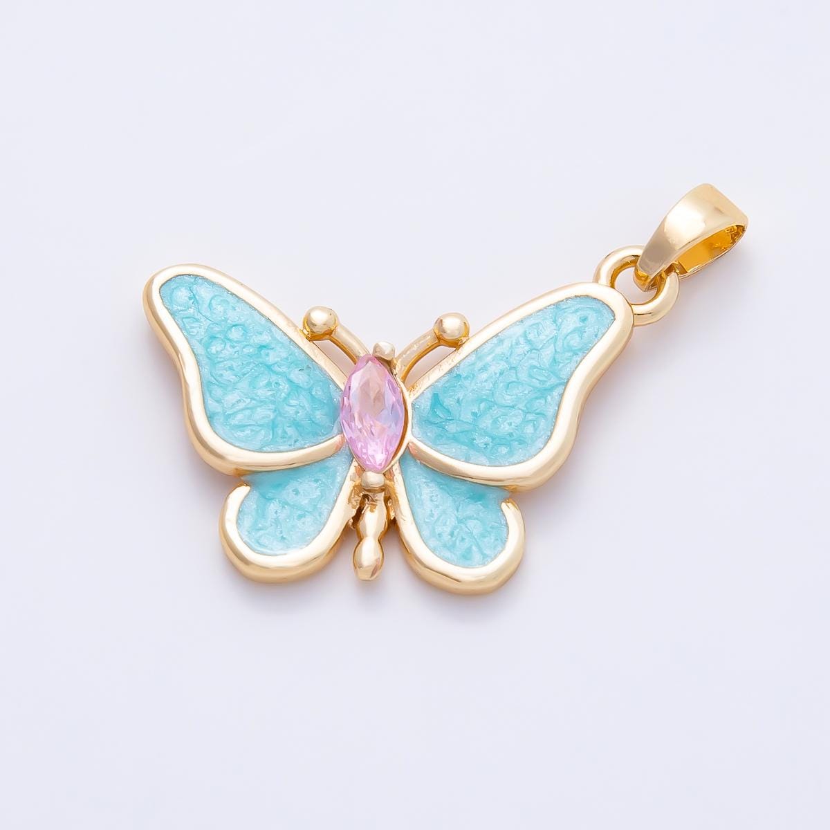 16K Gold Filled 17.5mm White, Blue Glitter Enamel Marquise CZ Butterfly Pendant DIY Jewelry Making Findings custom Necklace | Charms-01259