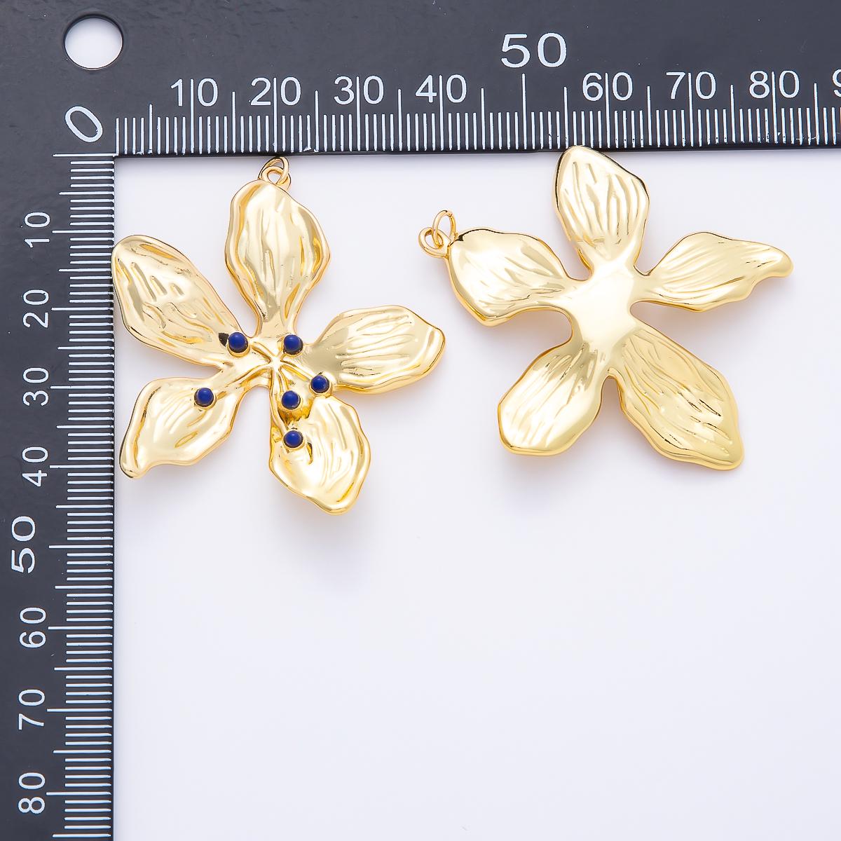 16K Gold Filled 45mm Blue Agate Dotted Foil Flower Charm Petal Enamel Bead Statement Floral Pendant for DIY Jewelry Making | Charms-01262