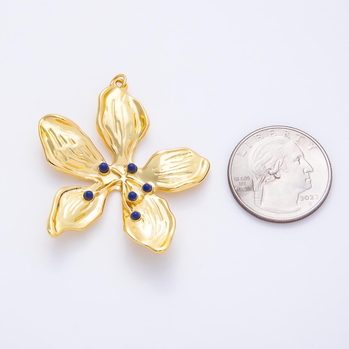 16K Gold Filled 45mm Blue Agate Dotted Foil Flower Charm Petal Enamel Bead Statement Floral Pendant for DIY Jewelry Making | Charms-01262