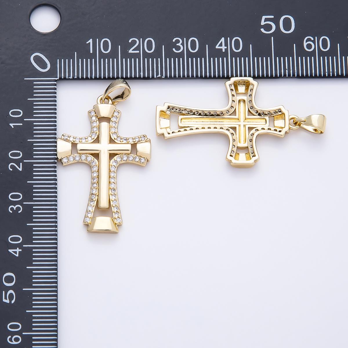 14K Gold Filled 33mm Micro Paved CZ Double Open Flared Cross Pendant Religious Charm for DIY Necklace Jewelry Making Supplies | Charms-01261
