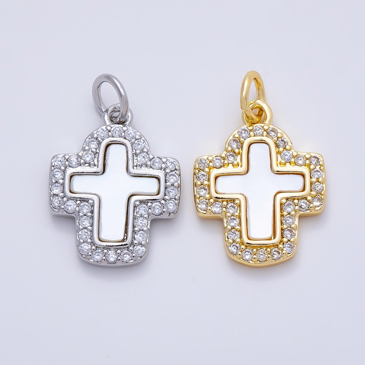 16K Gold Filled 16.5mm Shell Pearl Micro Paved CZ Cross Charm in Gold & Silver Layered Religious Pendant DIY Necklace Jewelry | Charms-01257