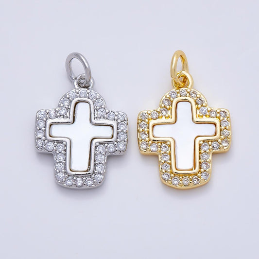 16K Gold Filled 16.5mm Shell Pearl Micro Paved CZ Cross Charm in Gold & Silver Layered Religious Pendant DIY Necklace Jewelry | Charms-01257
