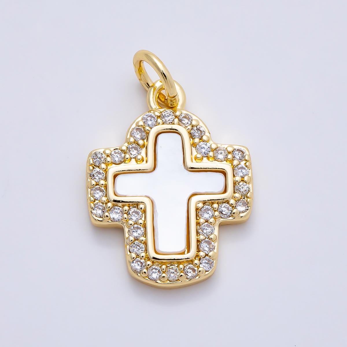 16K Gold Filled 16.5mm Shell Pearl Micro Paved CZ Cross Charm in Gold & Silver Layered Religious Pendant DIY Necklace Jewelry | Charms-01257