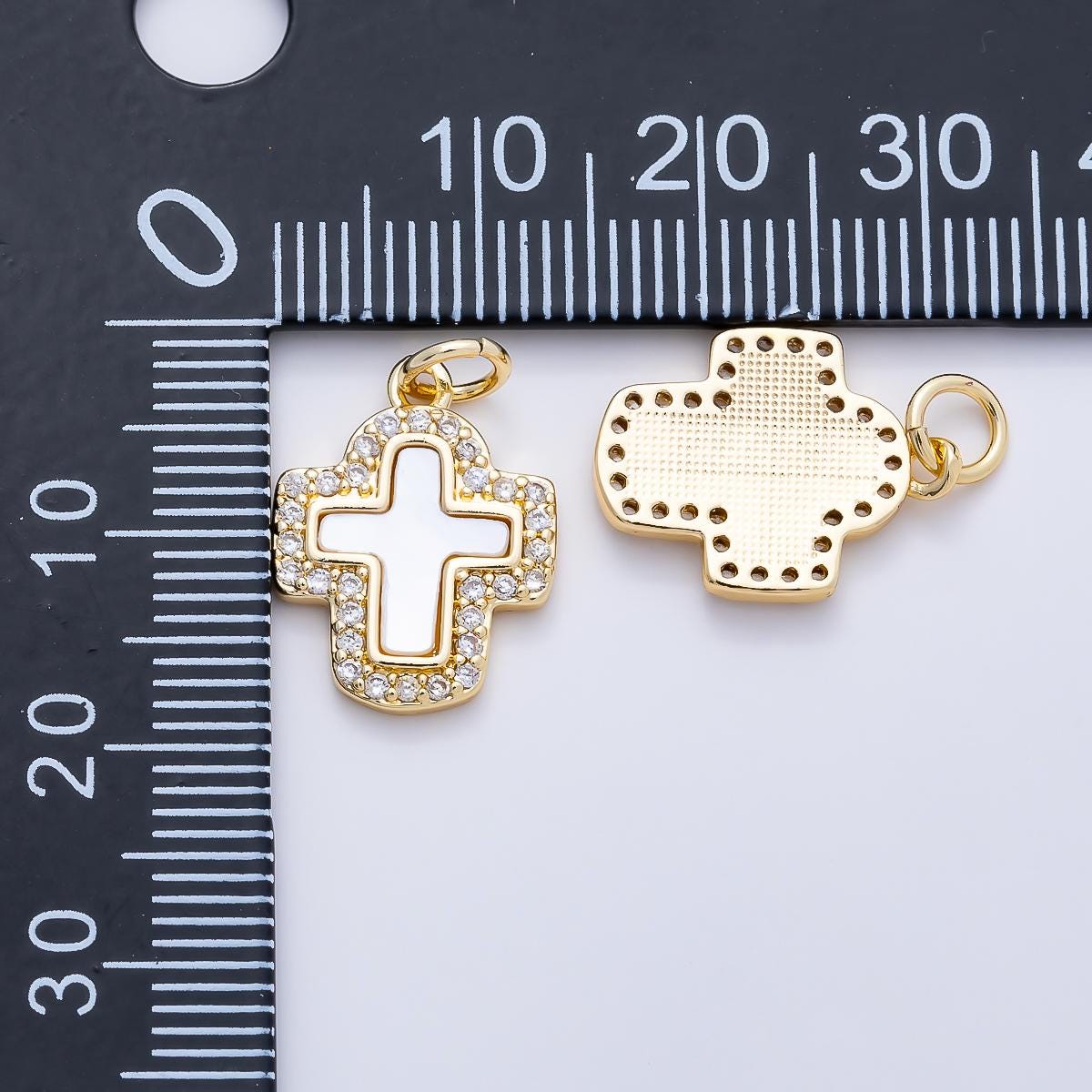 16K Gold Filled 16.5mm Shell Pearl Micro Paved CZ Cross Charm in Gold & Silver Layered Religious Pendant DIY Necklace Jewelry | Charms-01257