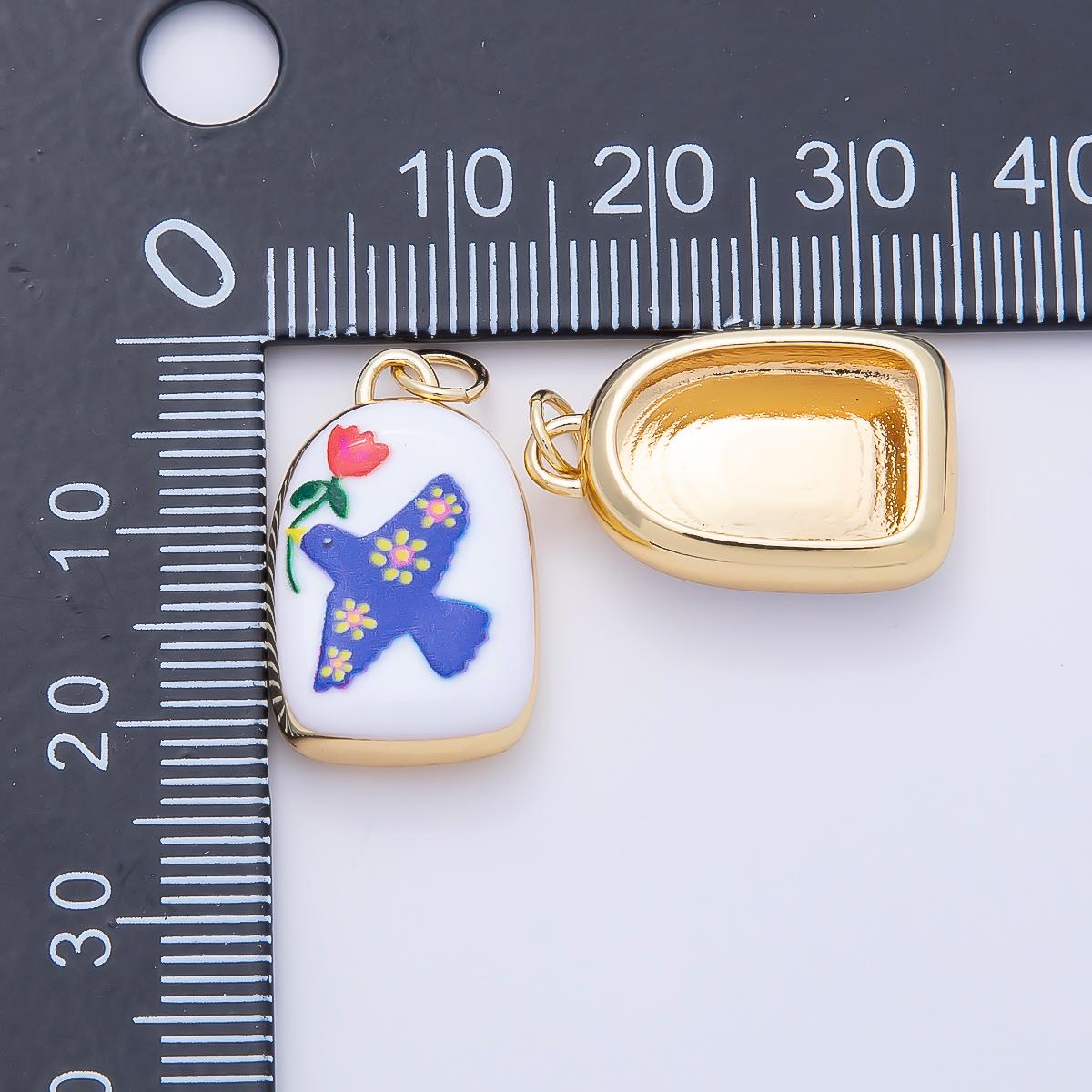 16K Gold Filled 20mm Bird Dove of Peace with Flower Plant Enamel Charm Folk Art Bird Rose Medallion Tablet Charm DIY Jewelry | Charms-01240