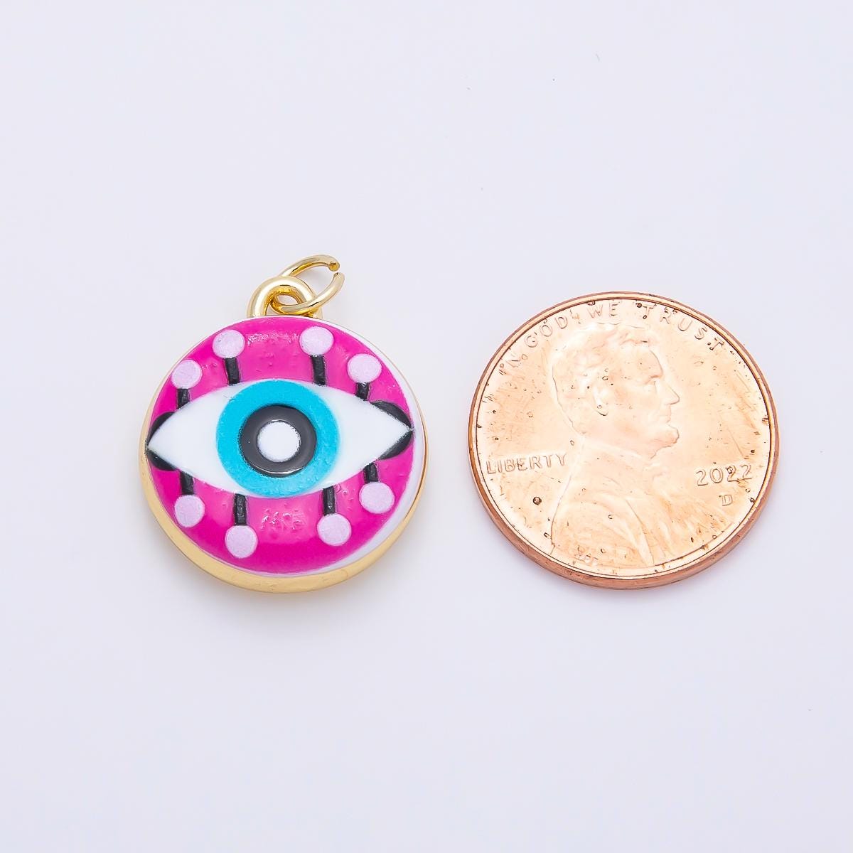16K Gold Filled 20mm Blue Pink Evil Eye Enamel Round Charm Protection Coin Medallion Charm for DIY Jewelry making Supplies | Charms-01241