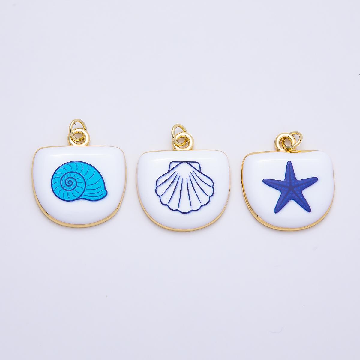 16K Gold Filled 22mm Sea Shell, Scallop, Starfish Blue White Enamel Charm Medallion Tablet Charm for DIY Jewelry Supplies | Charms-01244