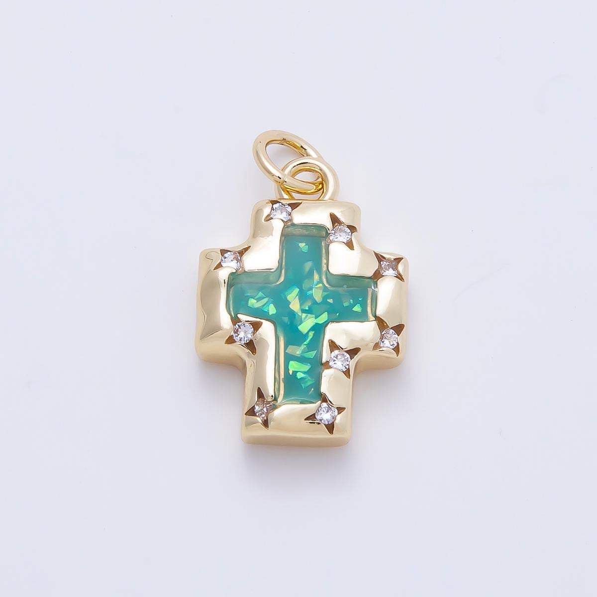 16K Gold Filled 17mm Teal Opal Clear CZ Star Dotted Bezel Religious Cross Charm Mint Green Starburst Layered Charm DIY Supply | Charms-01247