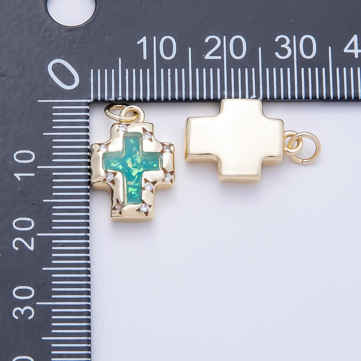 16K Gold Filled 17mm Teal Opal Clear CZ Star Dotted Bezel Religious Cross Charm Mint Green Starburst Layered Charm DIY Supply | Charms-01247