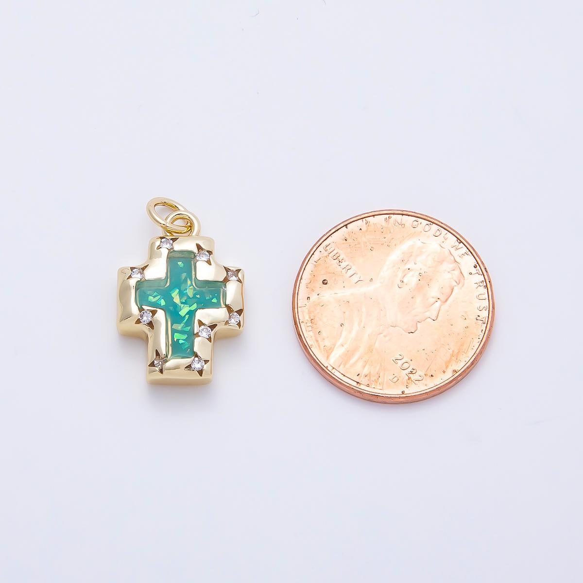 16K Gold Filled 17mm Teal Opal Clear CZ Star Dotted Bezel Religious Cross Charm Mint Green Starburst Layered Charm DIY Supply | Charms-01247