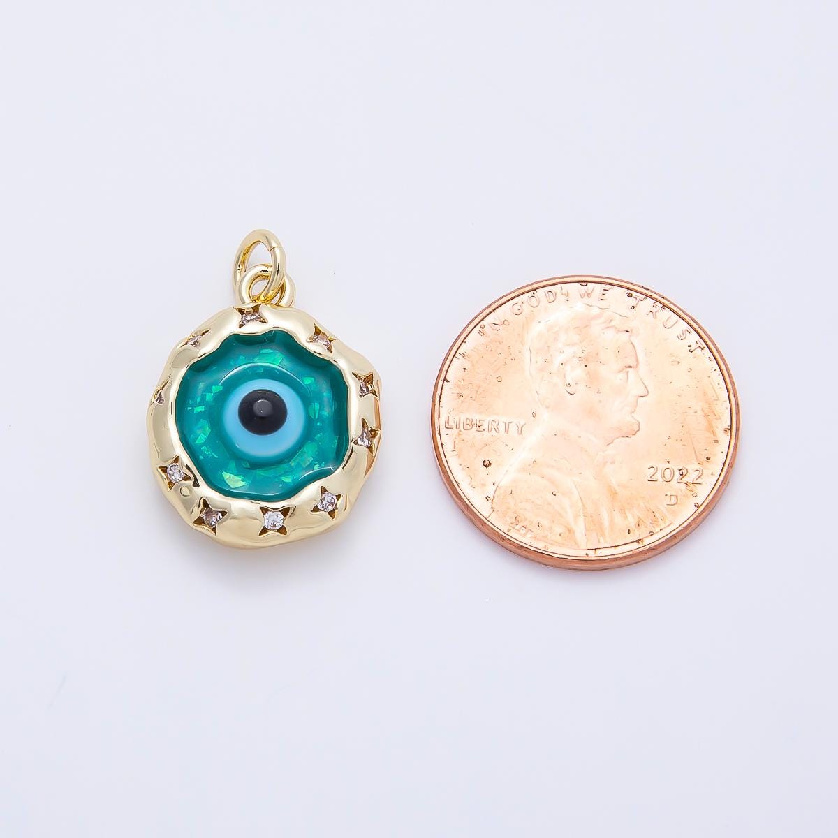 16K Gold Filled 18mm Teal Opal Clear CZ Star Dotted Molten Bezel Evil Eye Round Charm Starburst Protection DIY Supply | Charms-01248