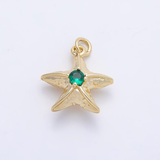16K Gold Filled 14.5mm Green Teal CZ Textured 3D Multidimensional Starfish Charm Textured Ocean Pendant DIY Summer Jewelry | Charms-01255