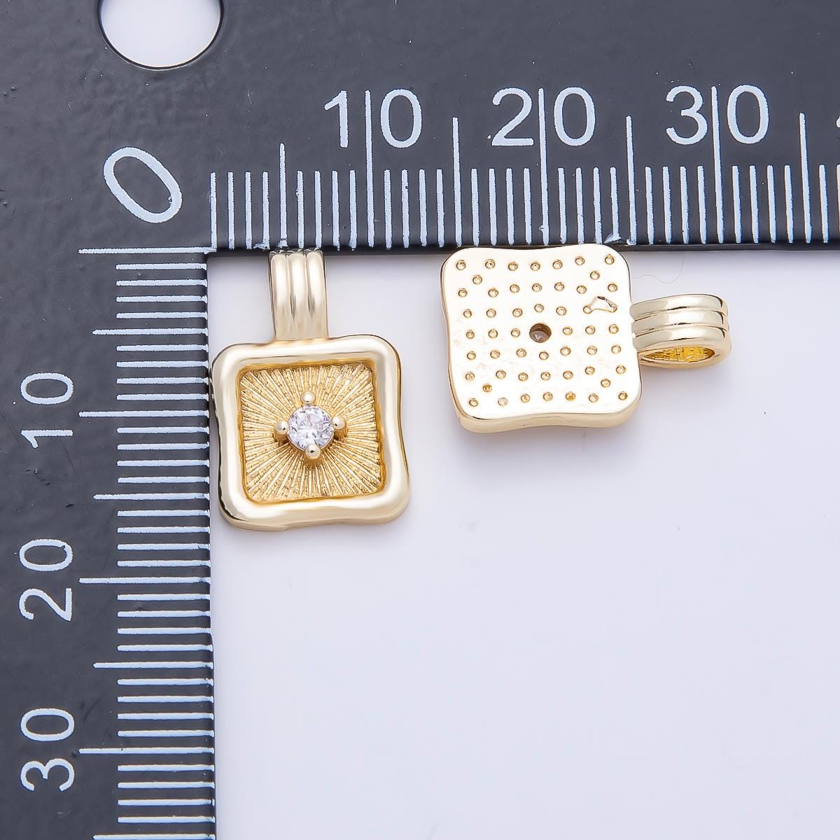 16K Gold Filled 16mm Clear CZ Sunburst Molten Bezel Square Pendant Textured Starburst Tablet Charm DIY Jewelry Making Supply | Charms-01249