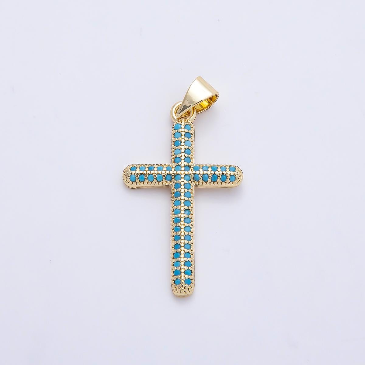 16K Gold Filled 26mm Turquoise Micro Paved Religious Cross Pendant Latin Charm for DIY Layering Necklace Jewelry Supplies | Charms-01251