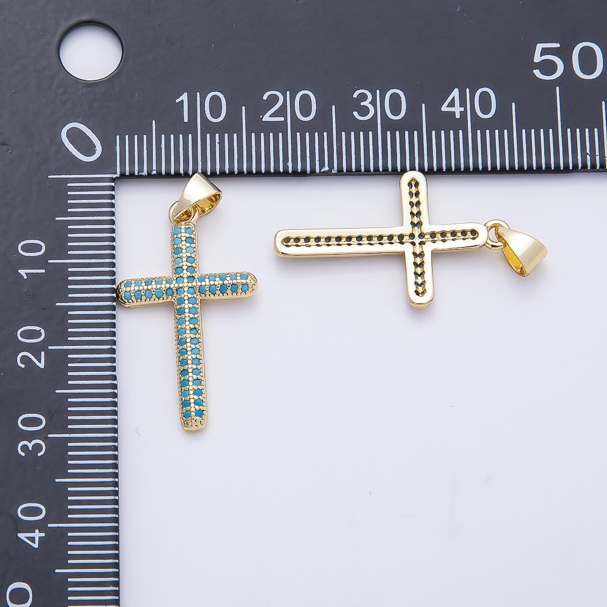 16K Gold Filled 26mm Turquoise Micro Paved Religious Cross Pendant Latin Charm for DIY Layering Necklace Jewelry Supplies | Charms-01251