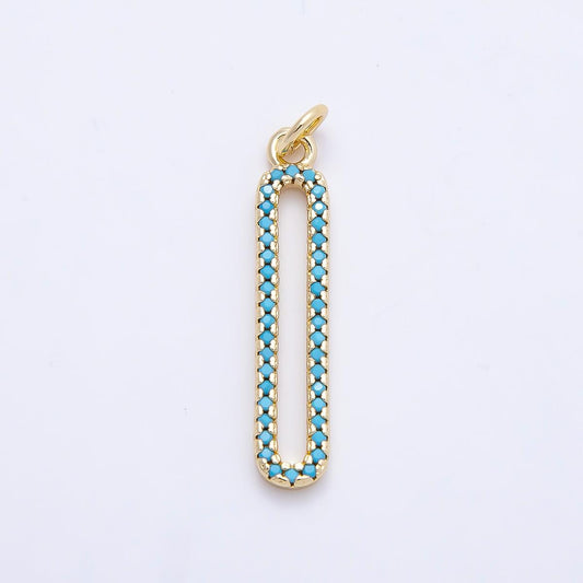 16K Gold Filled 28.5mm Turquoise Micro Paved Open Oblong Charm Elongated Oval Bar Pendant Elegant Wedding Necklace Supply | Charms-01252