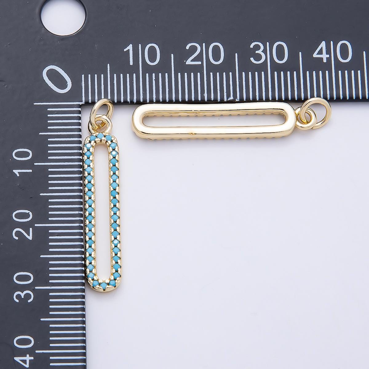 16K Gold Filled 28.5mm Turquoise Micro Paved Open Oblong Charm Elongated Oval Bar Pendant Elegant Wedding Necklace Supply | Charms-01252