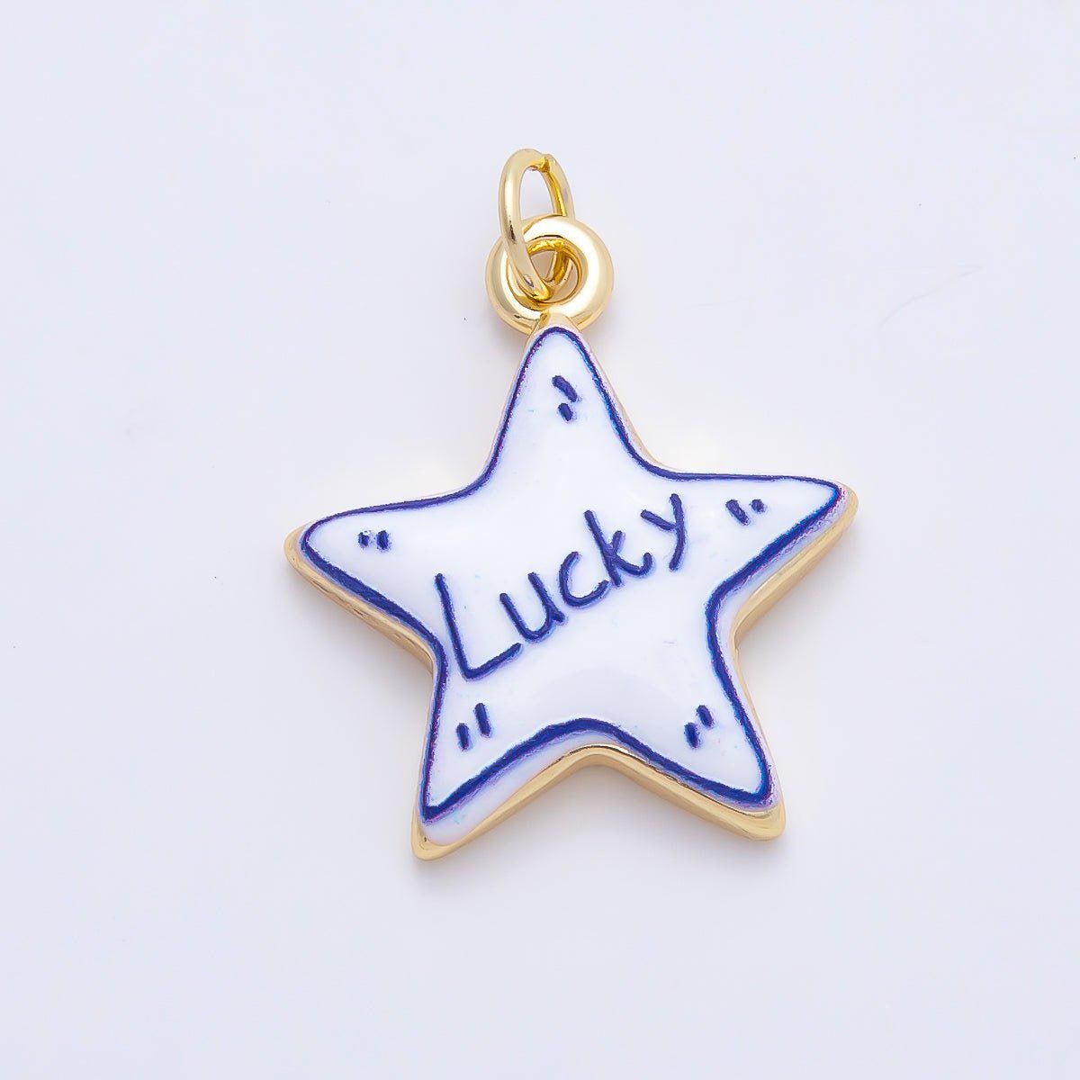 16K Gold Filled 21.5mm Lucky, Amore, Happy, Kiss, Mom, Mama, Love Script Blue White Celestial Star Charm DIY Jewelry Supply | Charms-01229