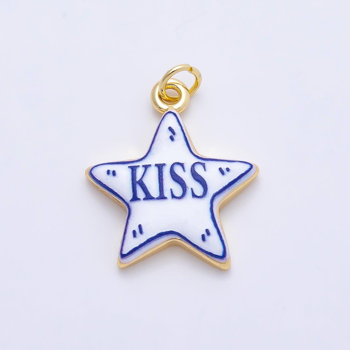 16K Gold Filled 21.5mm Lucky, Amore, Happy, Kiss, Mom, Mama, Love Script Blue White Celestial Star Charm DIY Jewelry Supply | Charms-01229