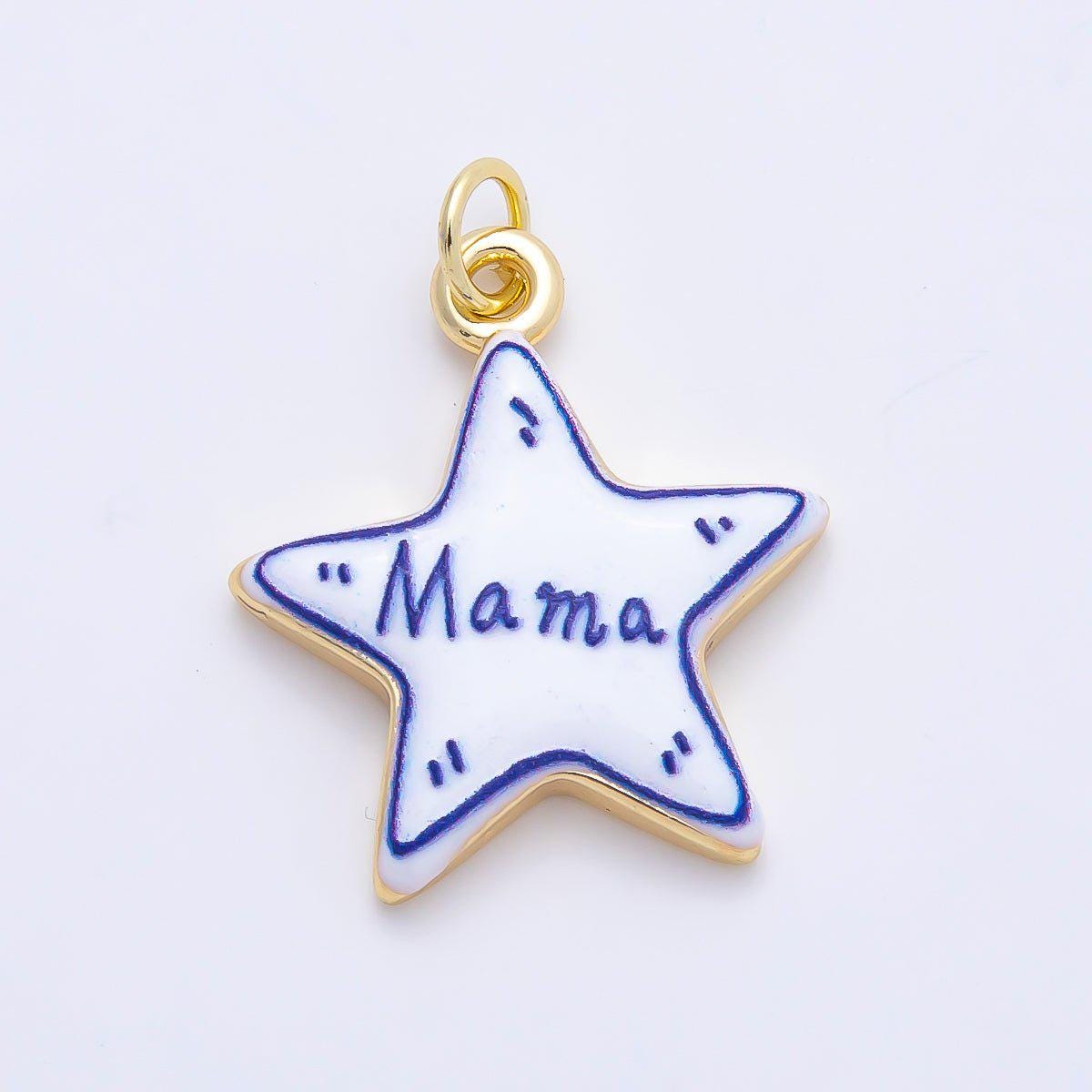 16K Gold Filled 21.5mm Lucky, Amore, Happy, Kiss, Mom, Mama, Love Script Blue White Celestial Star Charm DIY Jewelry Supply | Charms-01229