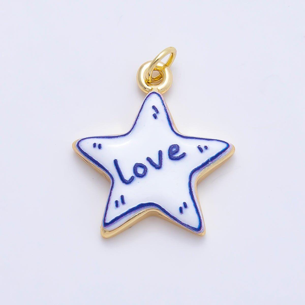 16K Gold Filled 21.5mm Lucky, Amore, Happy, Kiss, Mom, Mama, Love Script Blue White Celestial Star Charm DIY Jewelry Supply | Charms-01229