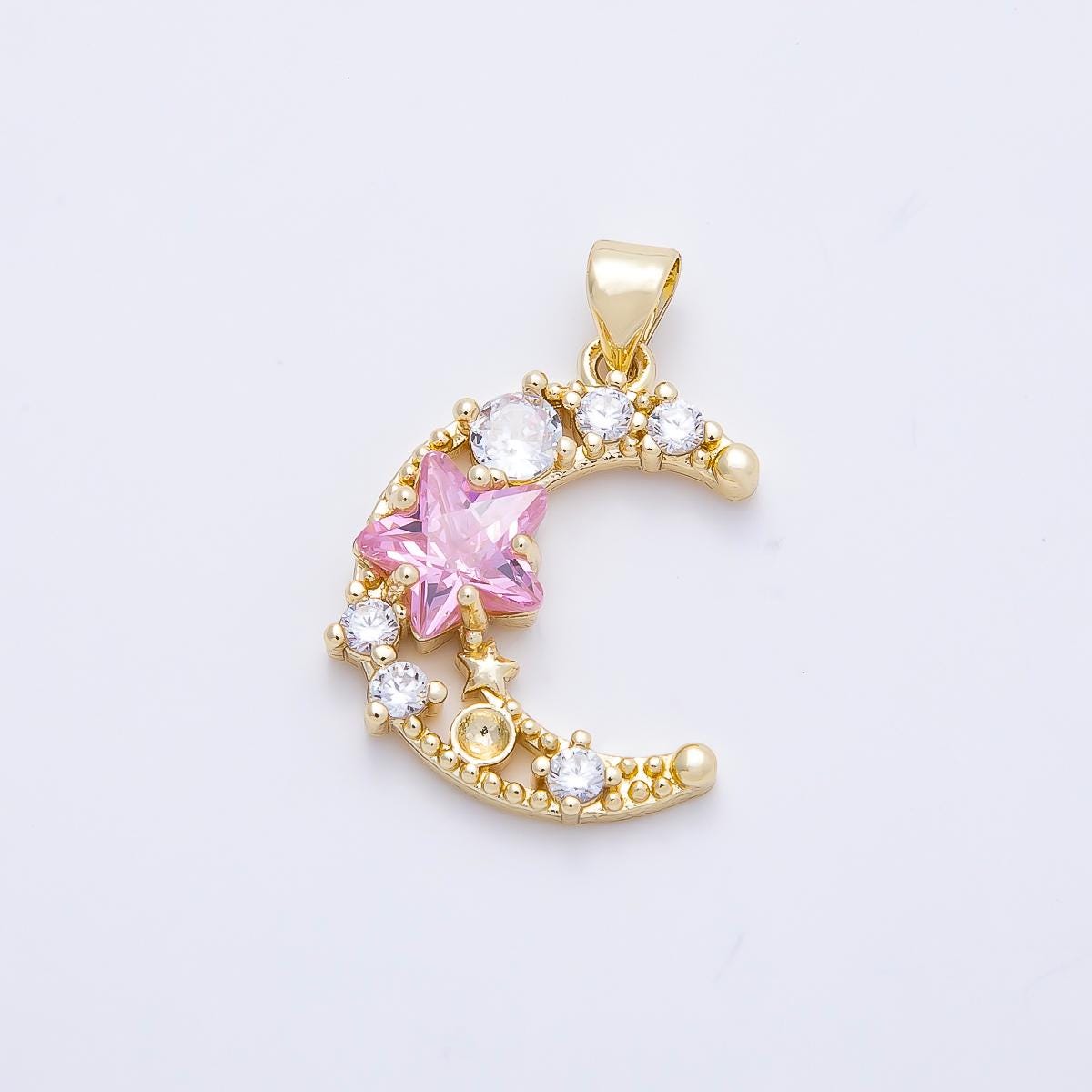 16K Gold Filled 22.5mm Pink Clear CZ Cluster Star Crescent Moon Pendant Starburst Celestial Charm for DIY Layering Necklace | Charms-01250