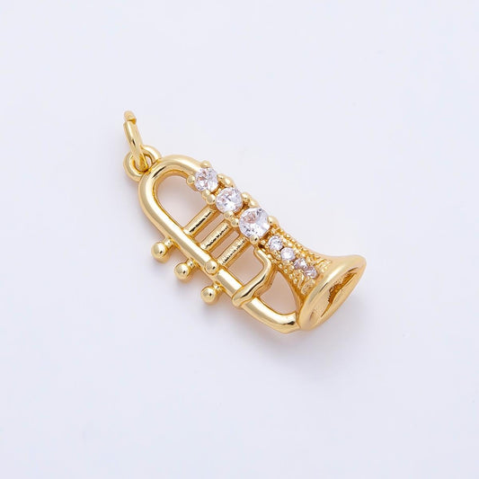 16K Gold Filled 20mm Micro Paved CZ Trumpet Musical Instrument Charm for DIY Jazz Band Horn Necklace Jewelry Supplies | Charms-01202
