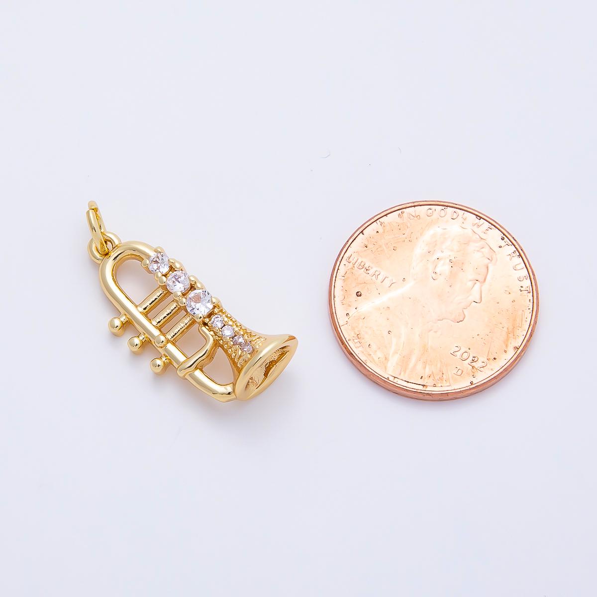 16K Gold Filled 20mm Micro Paved CZ Trumpet Musical Instrument Charm for DIY Jazz Band Horn Necklace Jewelry Supplies | Charms-01202