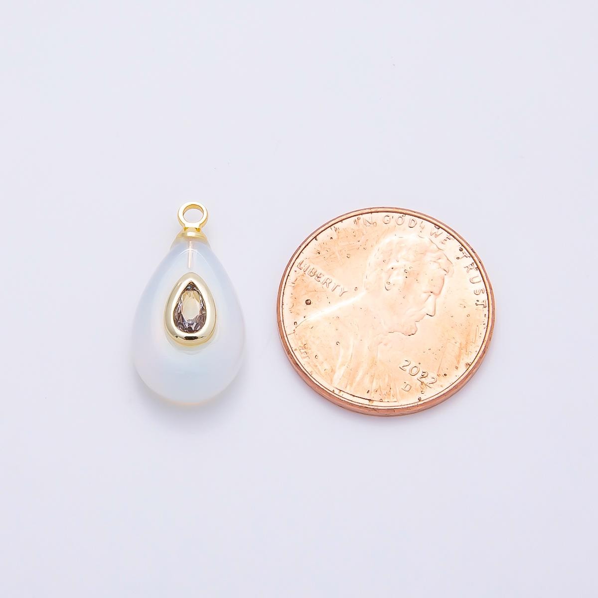 16K Gold Filled 18mm Clear CZ Embedded White Opal Gemstone Teardrop Charm Pear Shaped Pendant for DIY Necklace Jewelry | Charms-01203