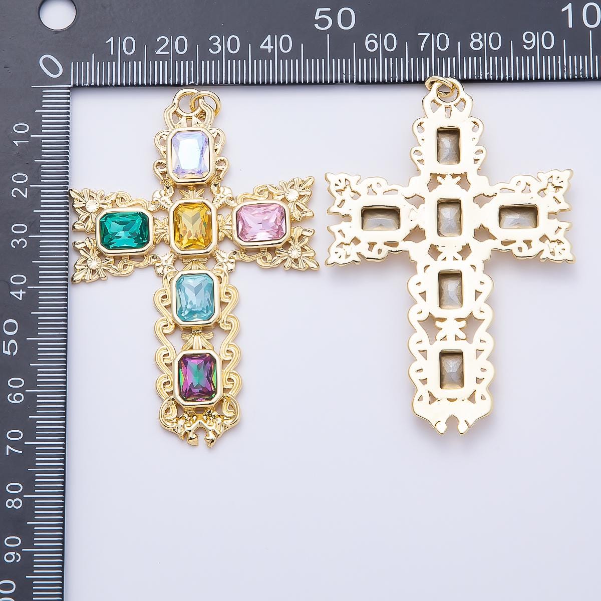 16K Gold Filled 70mm Multicolor Baguette Artisan Cross Charm in Gold & Silver Baroque Crucifix Christian Pendant DIY Supply | Charms-01199