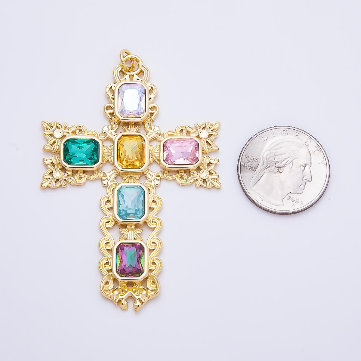 16K Gold Filled 70mm Multicolor Baguette Artisan Cross Charm in Gold & Silver Baroque Crucifix Christian Pendant DIY Supply | Charms-01199