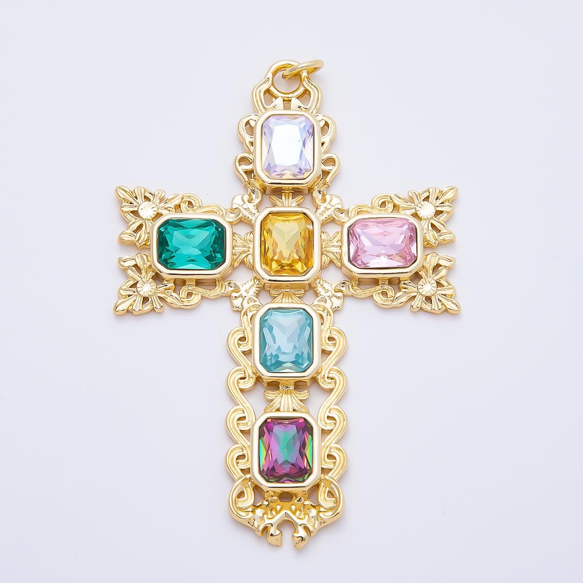 16K Gold Filled 70mm Multicolor Baguette Artisan Cross Charm in Gold & Silver Baroque Crucifix Christian Pendant DIY Supply | Charms-01199