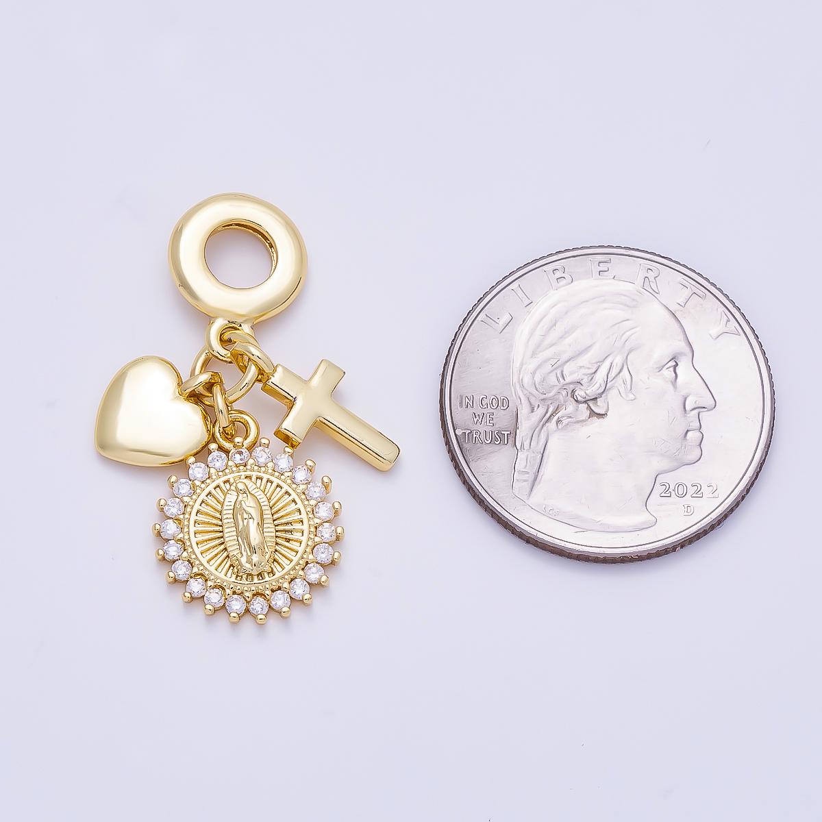 16K Gold Filled 33mm Religious Cross Heart Mother Mary CZ Round Drop Rondelle Pendant Jewelry Making Supply for Bracelet | Charms-01158