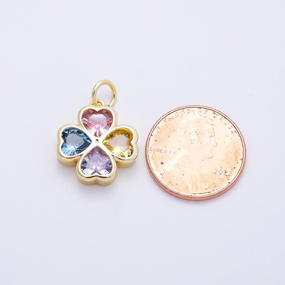 16K Gold Filled 17mm Multicolor, Clear CZ Clover Flower Charm Rainbow Crystal Four Leaf Lucky Pendant DIY Jewelry Supply | Charms-01196