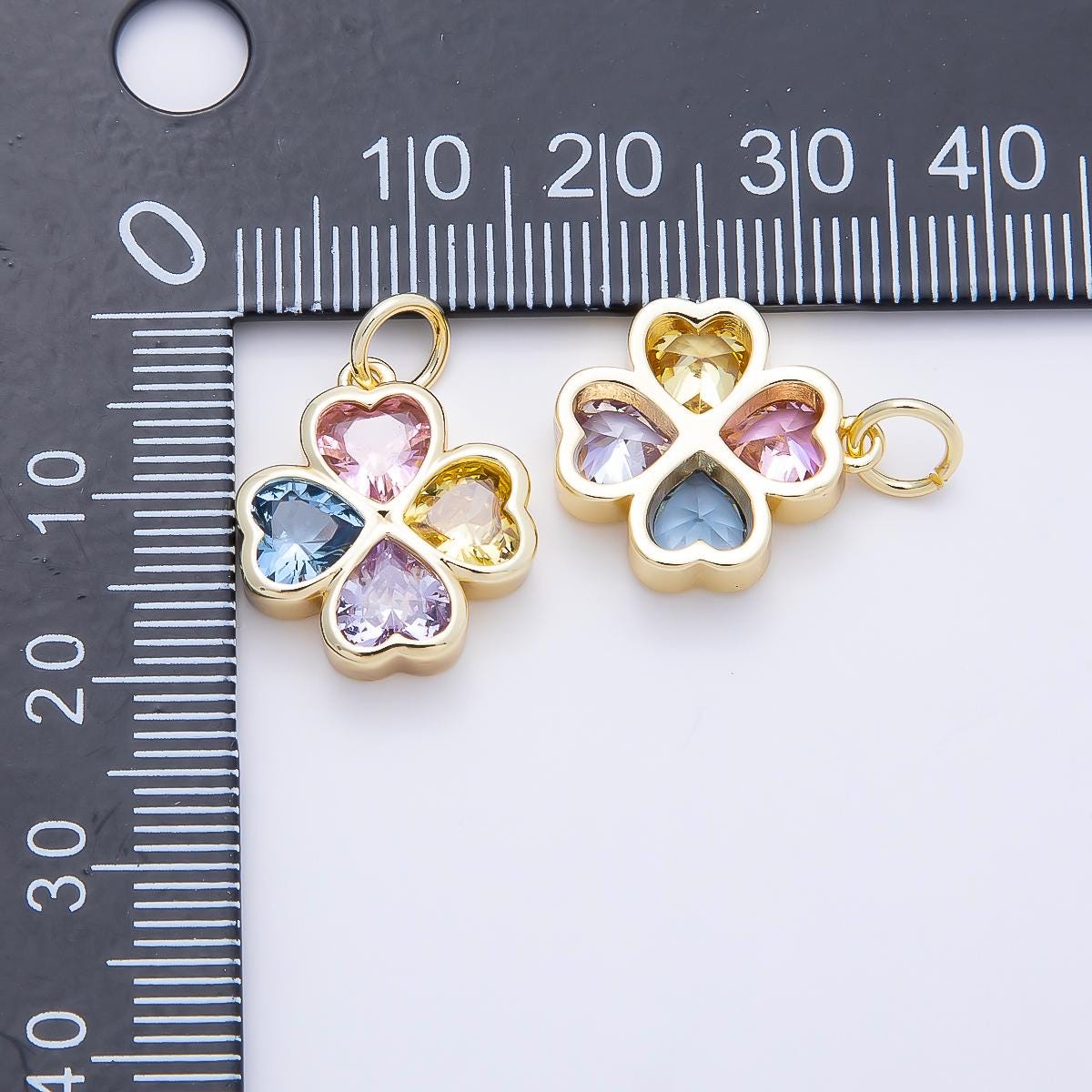 16K Gold Filled 17mm Multicolor, Clear CZ Clover Flower Charm Rainbow Crystal Four Leaf Lucky Pendant DIY Jewelry Supply | Charms-01196