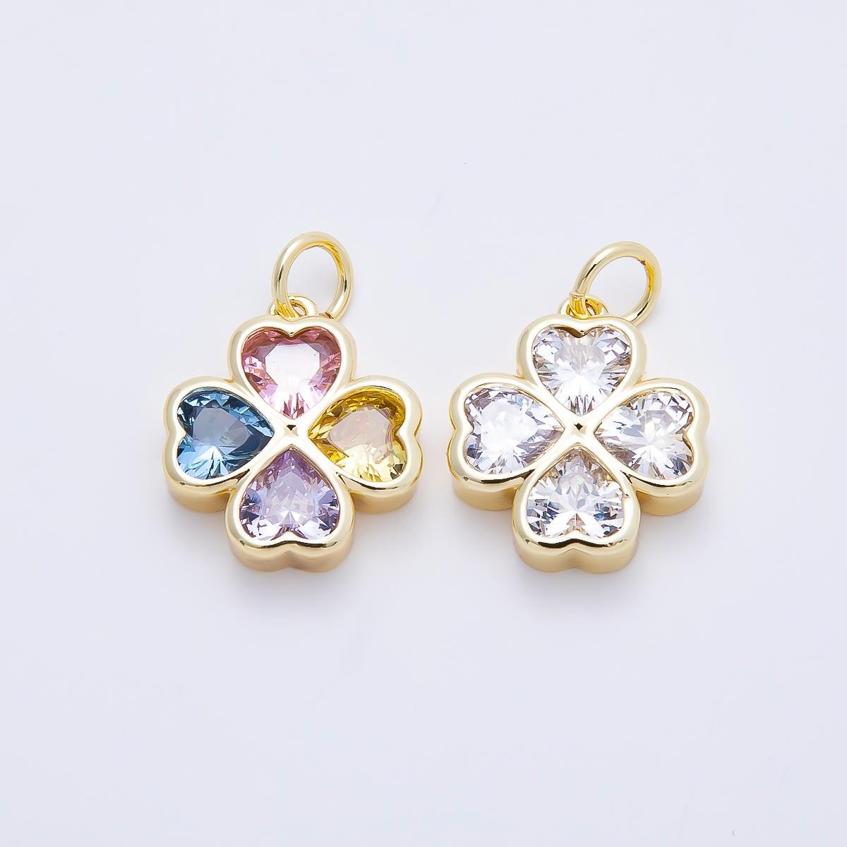 16K Gold Filled 17mm Multicolor, Clear CZ Clover Flower Charm Rainbow Crystal Four Leaf Lucky Pendant DIY Jewelry Supply | Charms-01196