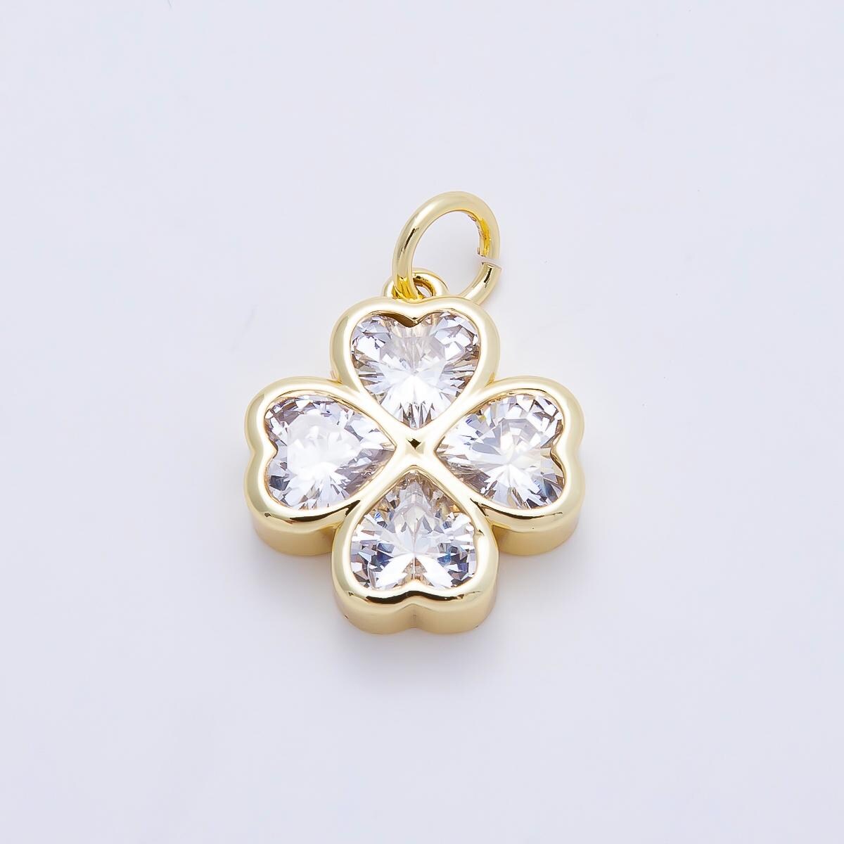 16K Gold Filled 17mm Multicolor, Clear CZ Clover Flower Charm Rainbow Crystal Four Leaf Lucky Pendant DIY Jewelry Supply | Charms-01196