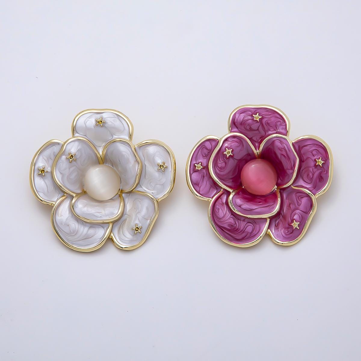 Gold 40mm Purple, White Glitter Enamel Star Flower Pin Brooch Vintage Style Jewelry Accessory for Coats Bags and Scarves | BH-150 BH-151
