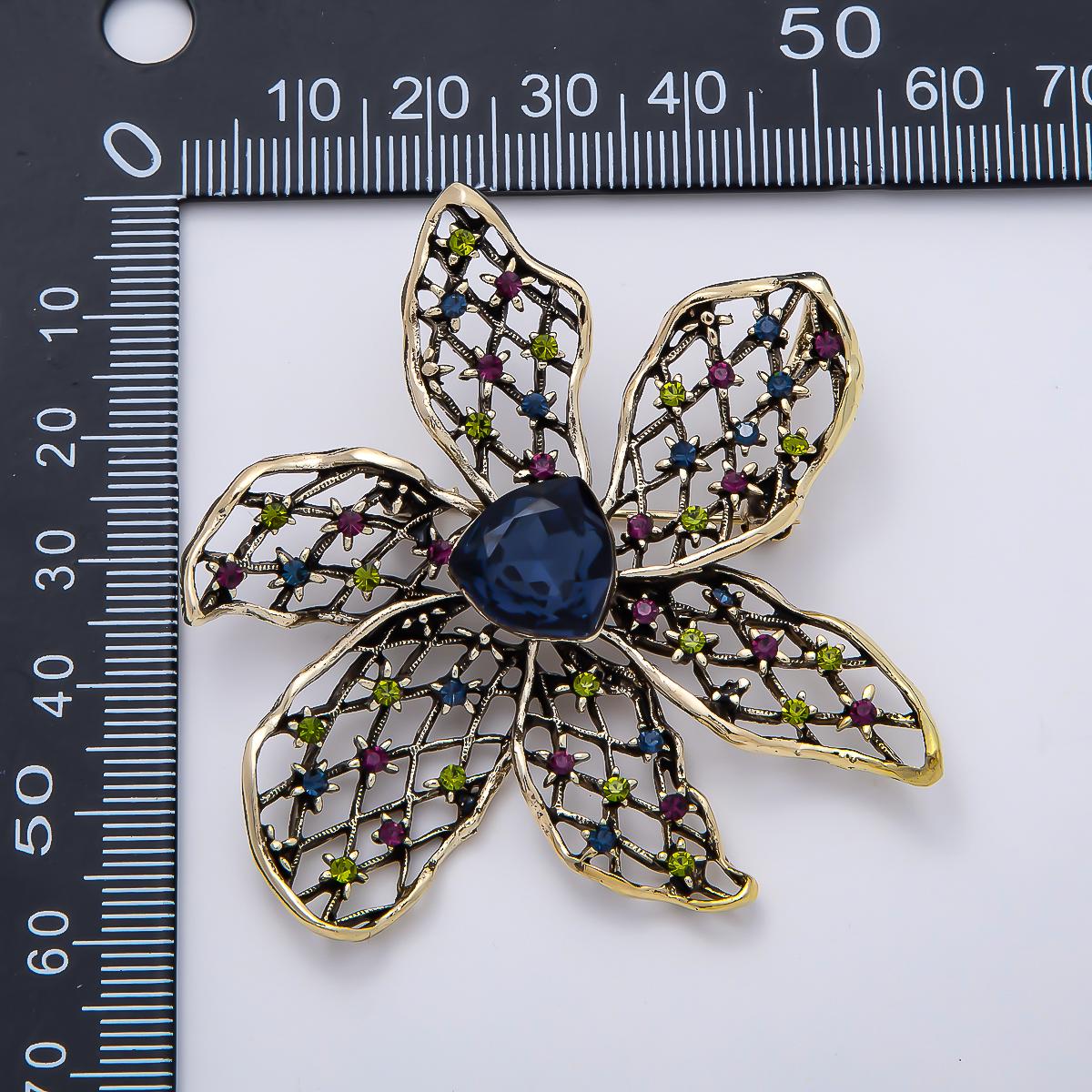 Vintage Gold 60mm Blue Rhinestone Filigree Flower Pin Brooch Large Crystal Openwork Coat Bags Scarves Elegant Jewelry Accessory | BH-00152