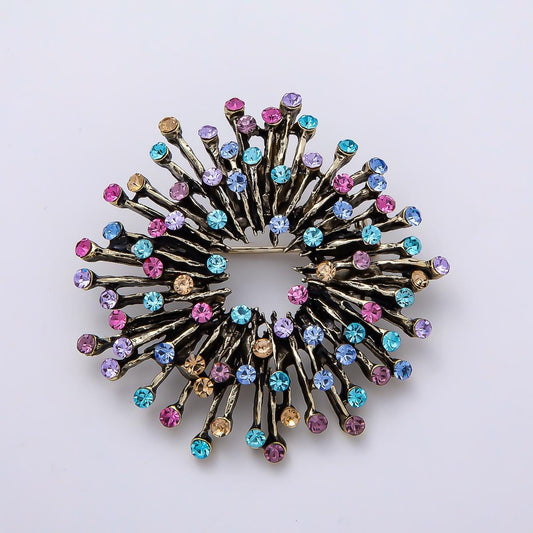 Vintage Gold 47mm Multicolor Rhinestone Sunburst Ray Pin Brooch Fashion Accessory for Coats Bags Scarves | BH-00155