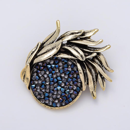 Vintage Gold 40mm Multicolor Rhinestone Round Leaf Geometric Pin Brooch Blue Cluster Wreath Fashion Accessory for Coats & Bags | BH-00157