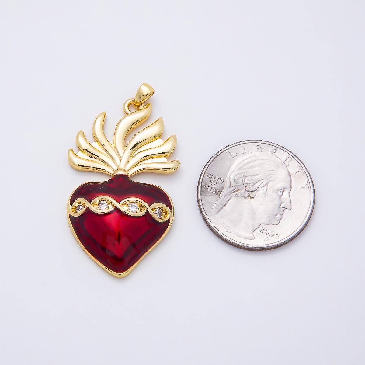 16K Gold Filled 39mm CZ Red Enamel Sacred Heart Religious Pendant Flaming Love Charm Catholic Necklace DIY Jewelry Supply | Charms-01061