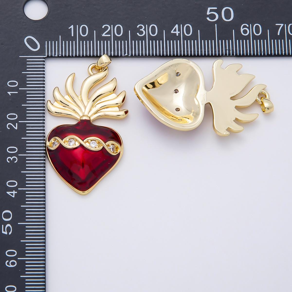 16K Gold Filled 39mm CZ Red Enamel Sacred Heart Religious Pendant Flaming Love Charm Catholic Necklace DIY Jewelry Supply | Charms-01061