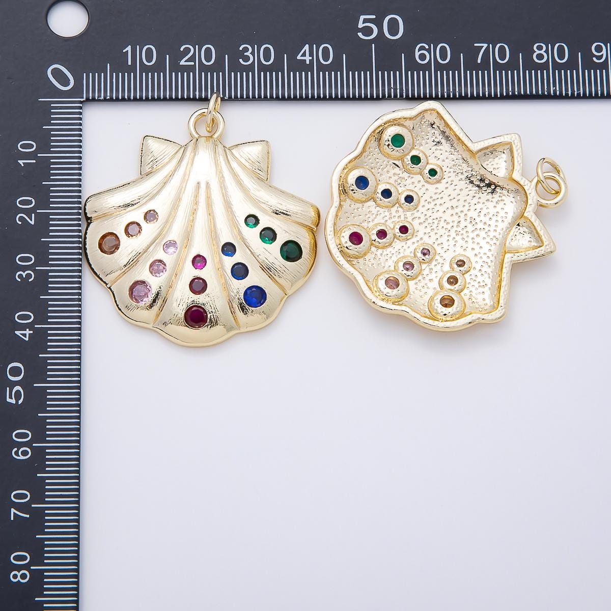 16K Gold Filled 41.5mm Multicolor CZ Dotted Textured Clam Sea Shell Charm Colorful Beach Pendant DIY Jewelry Making Supply | Charms-01060