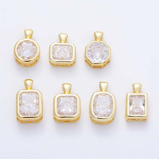 16K Gold Filled Clear CZ Baguette Round Hexagon Bezel Pendant in Gold Wedding Jewelry Charms DIY Supply for custom Necklace | Charms-01081