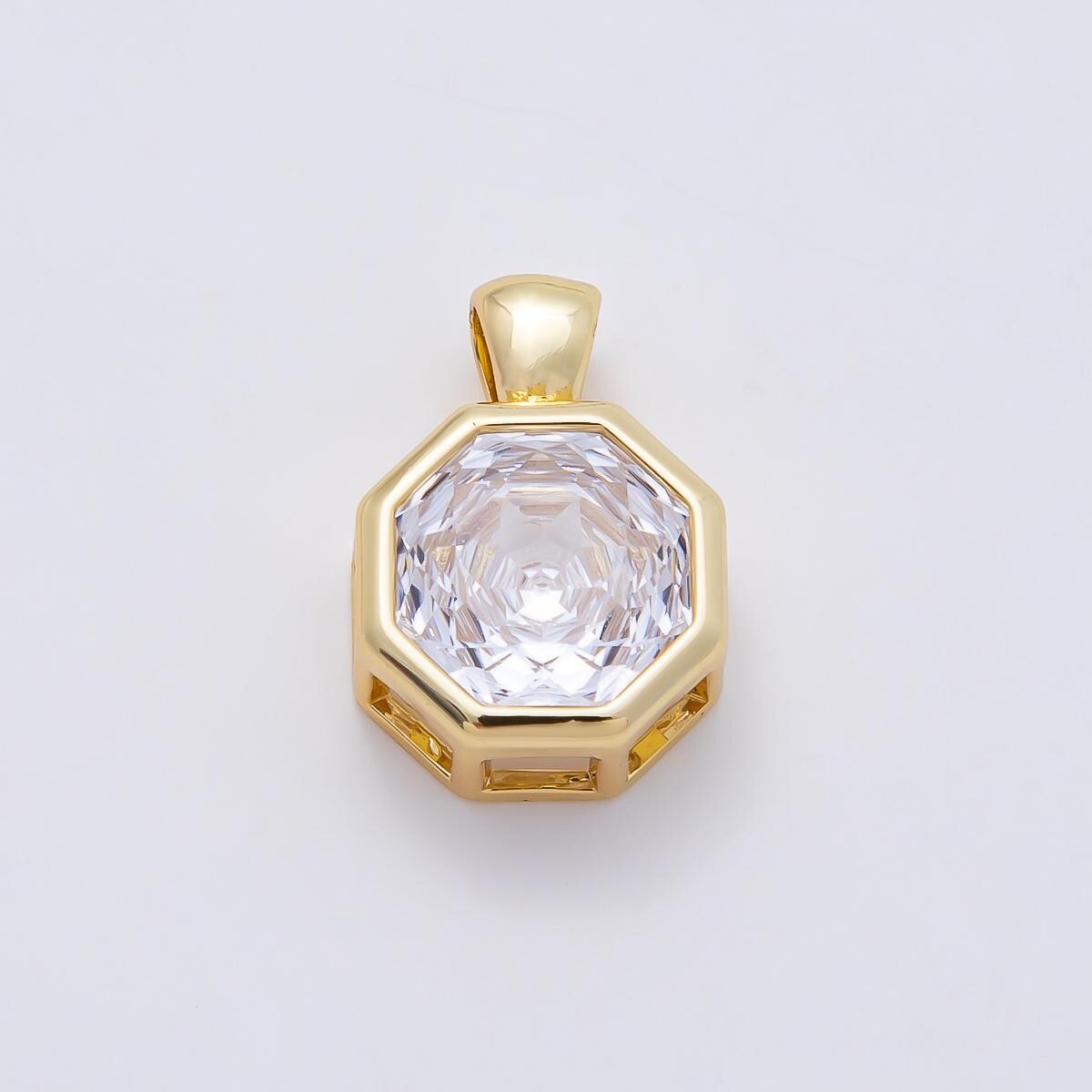 16K Gold Filled Clear CZ Baguette Round Hexagon Bezel Pendant in Gold Wedding Jewelry Charms DIY Supply for custom Necklace | Charms-01081