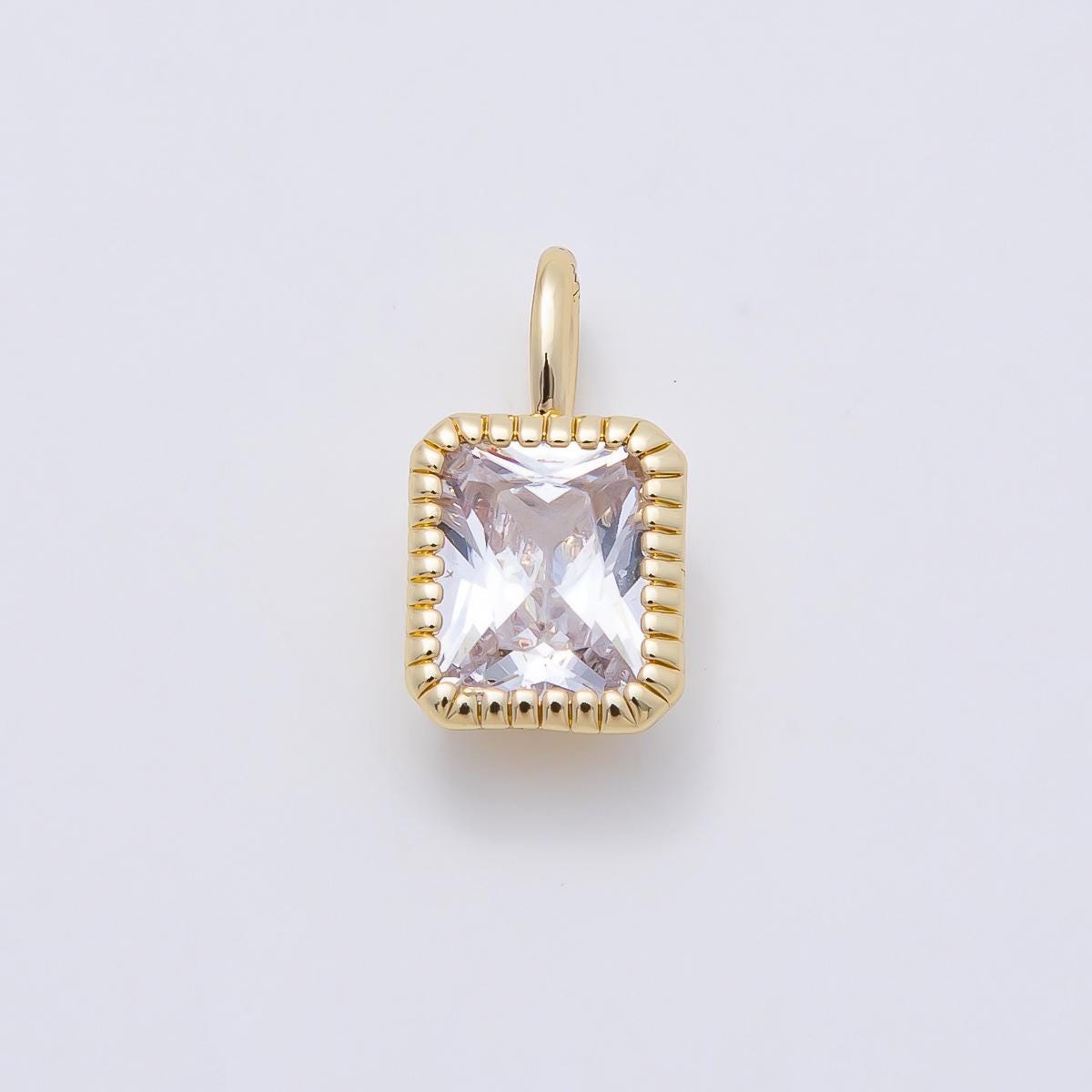 16K Gold Filled 17mm Clear Baguette CZ Ribbed Bezel Mini Pendant Radiant Cut Gemstone Charm DIY Elegant Jewelry Making Supply | Charms-01103