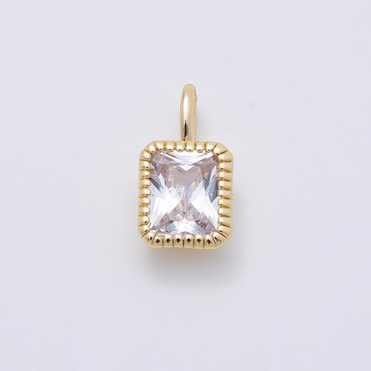 16K Gold Filled 17mm Clear Baguette CZ Ribbed Bezel Mini Pendant Radiant Cut Gemstone Charm DIY Elegant Jewelry Making Supply | Charms-01103