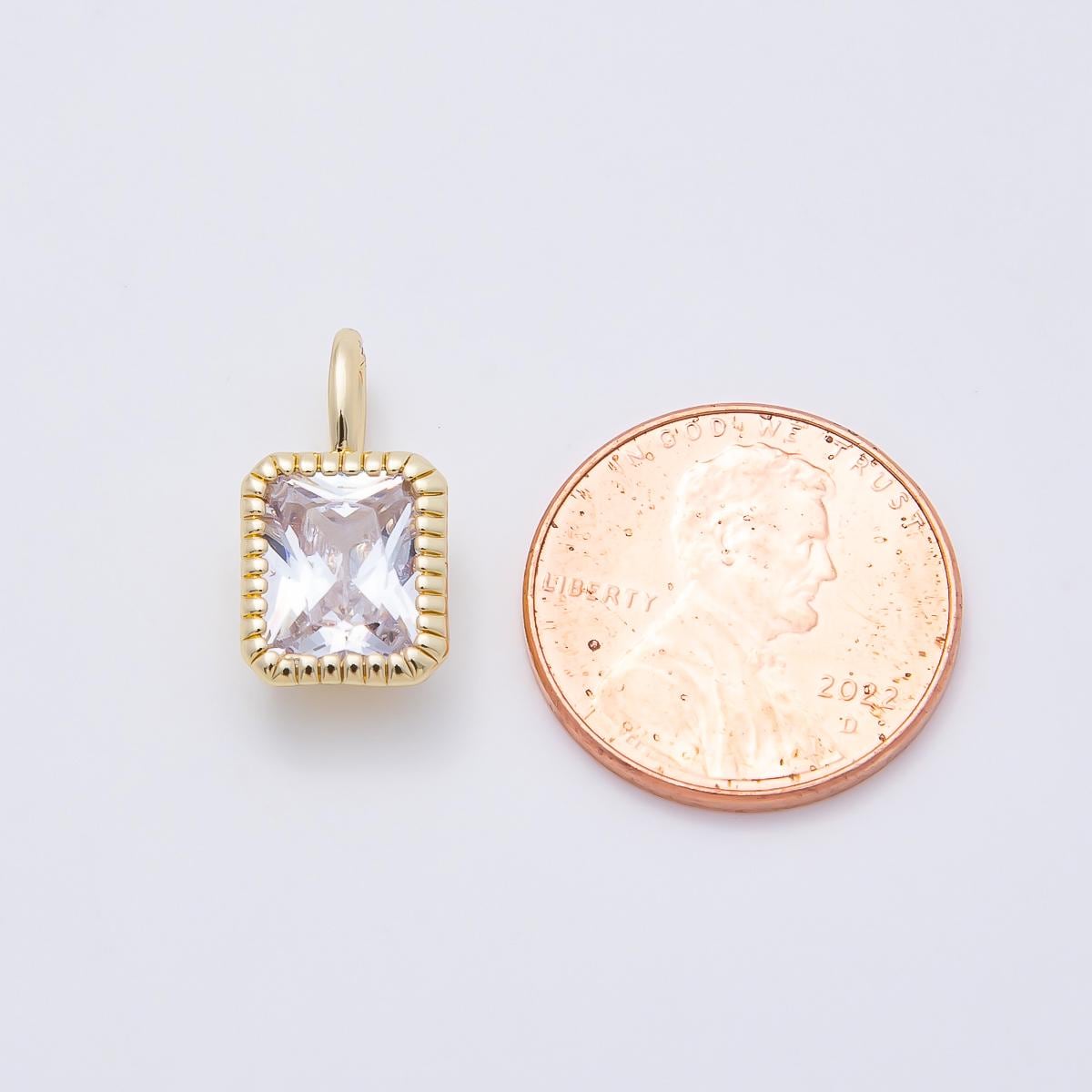 16K Gold Filled 17mm Clear Baguette CZ Ribbed Bezel Mini Pendant Radiant Cut Gemstone Charm DIY Elegant Jewelry Making Supply | Charms-01103
