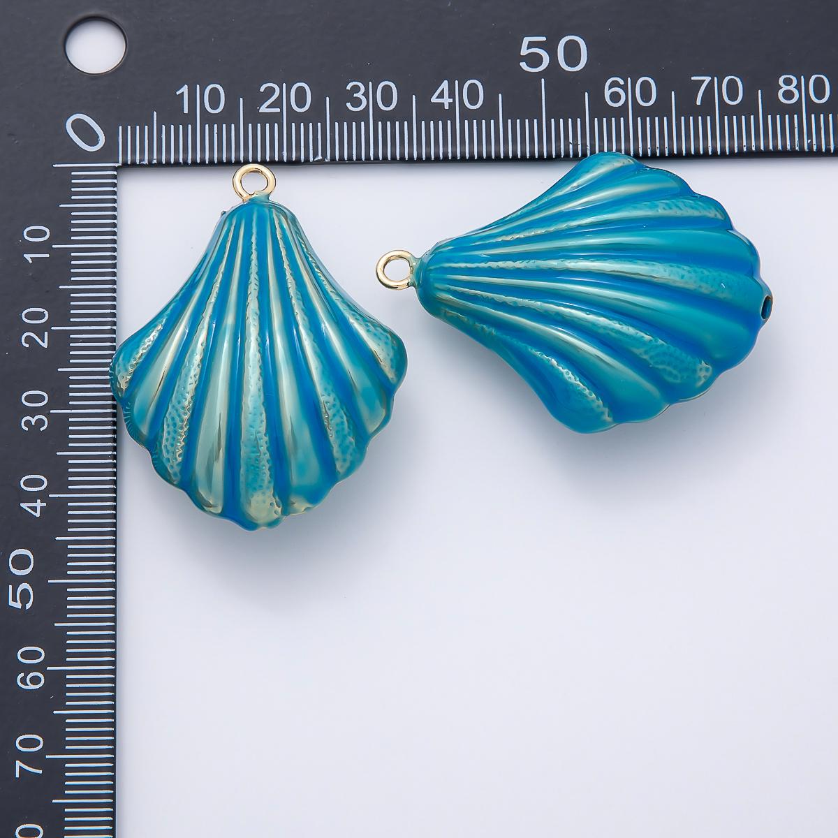 16K Gold Filled 45mm Blue, White Enamel Clam Sea Shell Charm Coastal Beach Jewelry Ribbed Seashell Design DIY Supply | Charms-01058